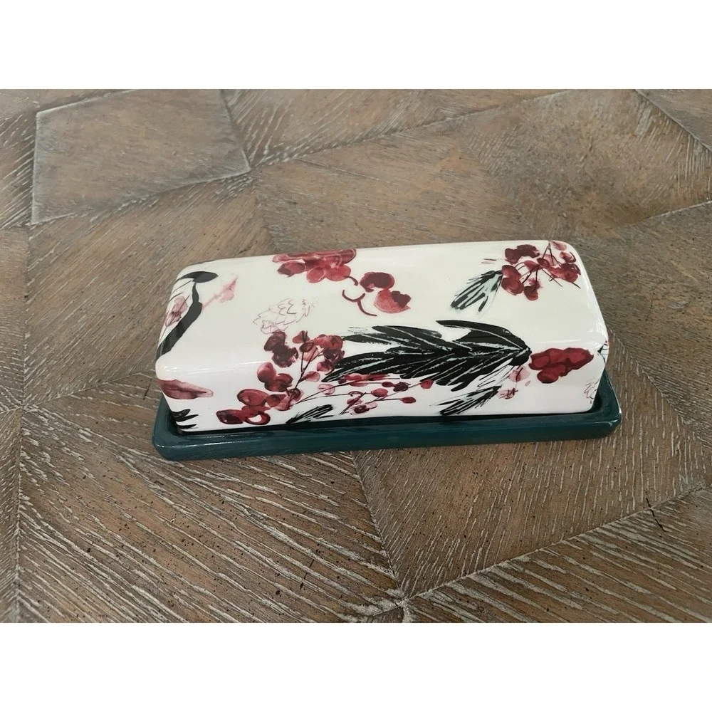 Anthropologie Holly and Pear Butter‎ Dish Green Red Multi Glazed Stoneware